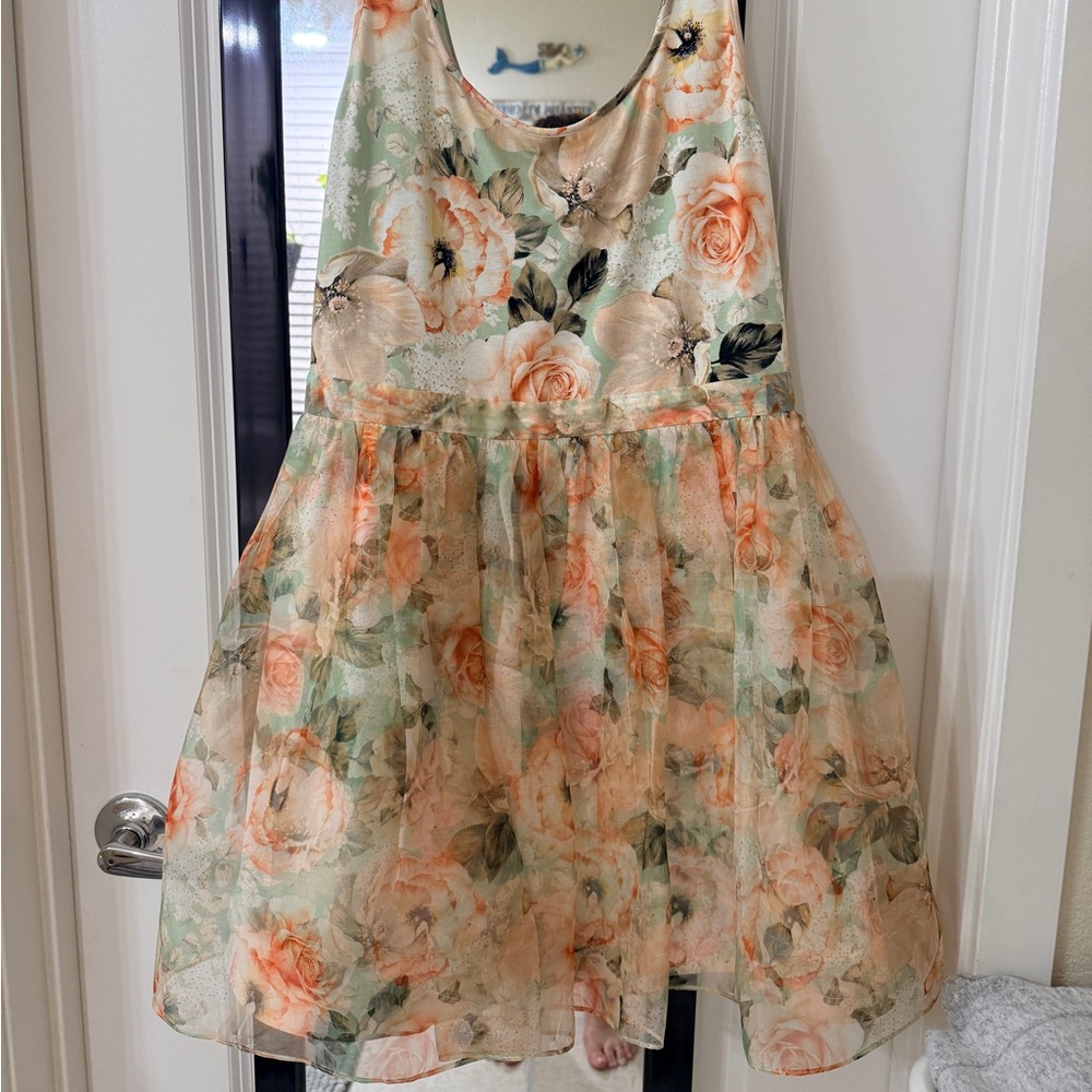 Alice + Olivia Floral Mini Dress in Peach and Green